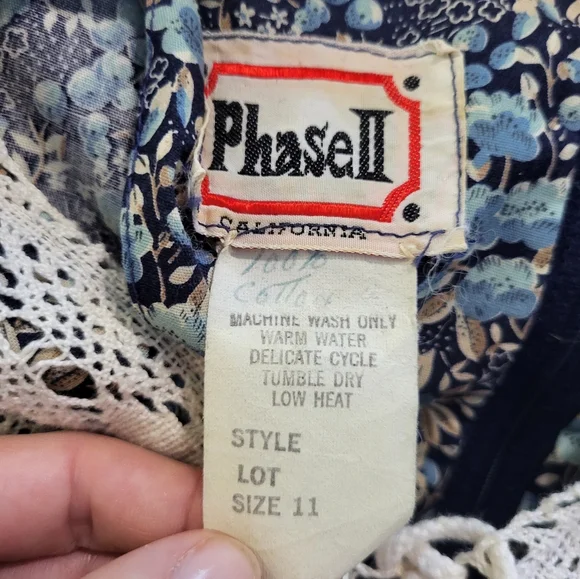 Phase II Vintage 70's Blue Calico Floral Prairie Cottage Boho Maxi Dress Size 11